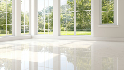 Fototapeta premium Bright and spacious interior with large windows showcasing lush green landscape outside. polished floor reflects natural light, creating serene atmosphere