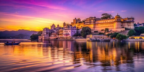 Obraz premium Experience the magic of Udaipur: City Palace, Lake Pichola sunset, and stunning dusk photography.