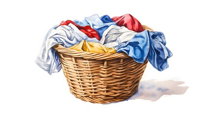 A wicker basket overflowing with colorful laundry