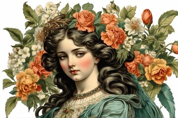 Vintage retro antique angel portrait illustration with colorful botanical flowers on isolated white background, people, culture and religion theme concept texture design.
