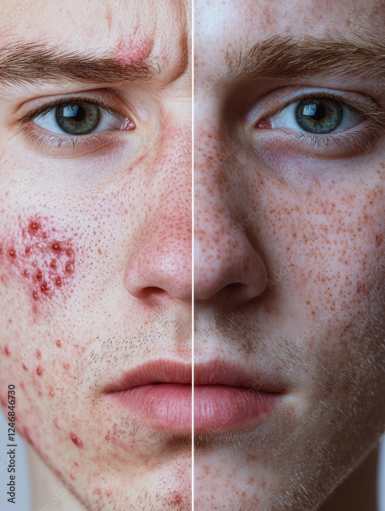 Aufkleber split face comparison showcasing acne and redness on one side with smooth glowing skin on the other 