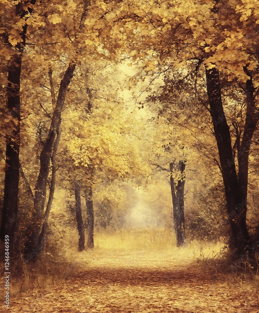 Poster autumn forest pathway with golden leaves and trees ideal for seasonal walks : generative ai