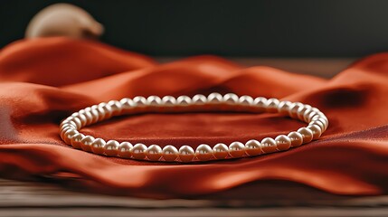 Elegant pearl necklace displayed on luxurious red fabric with soft lighting and blurred background