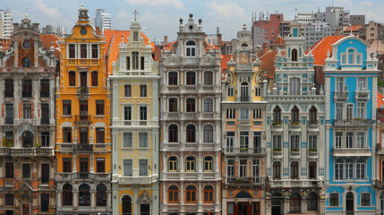 Fototapeta premium Colorful historic buildings in cityscape with vibrant architecture