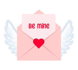 Love envelope with wings. Be mine. Color vector illustration on white background.