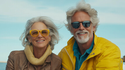 Happy senior couple enjoying sunny day outdoors, wearing stylish sunglasses and bright clothing. Their joyful expressions reflect carefree moment by water