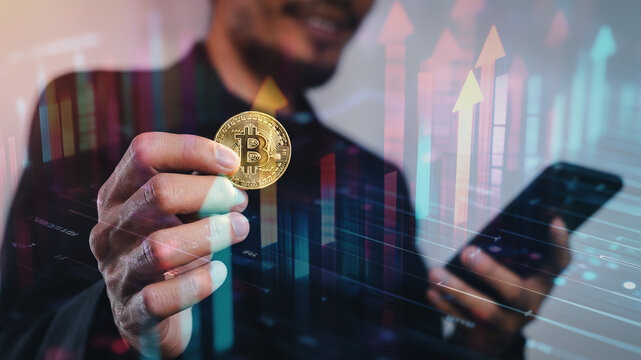 Businessman exploring Bitcoin investment opportunities to generate passive income through staking and trading strategies