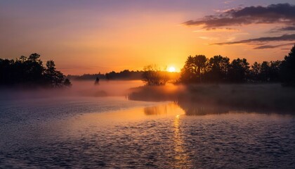 Obraz premium Vibrant summer sunset reflecting over a tranquil lake with misty surroundings