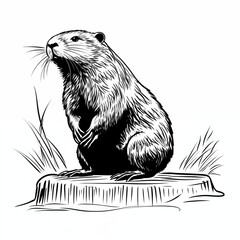 Beaver on a tree stump, black and white sketch, no people, ai