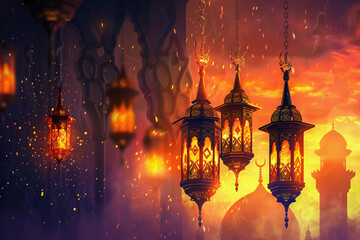 Obraz premium Beautiful greeting card with holiday composition for happy celebrate Ramadan, abstract vivid composition consists of fictional unreal fantastic vision on background