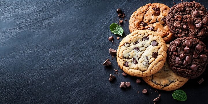 Assorted Chocolate Chip Cookies on Dark Slate Background with Mint and Chocolate Chips : Generative AI