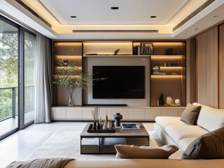 A living room with a large flat screen TV and a couch