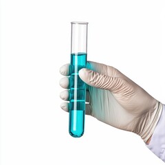 A hand in a glove holds a test tube filled with blue liquid, symbolizing scientific experimentation and laboratory work.