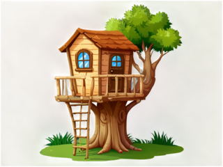 Charming Wooden Treehouse Illustration Childrens Fantasy Home Nature Scene Cartoon Style