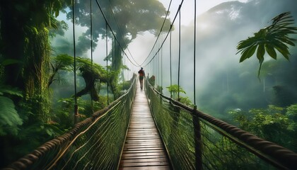 Obraz premium Embracing adventure on a vibrant tropical bridge during a foggy summer morning