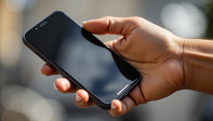Person holding phone with sharp reflections, modern technology concept