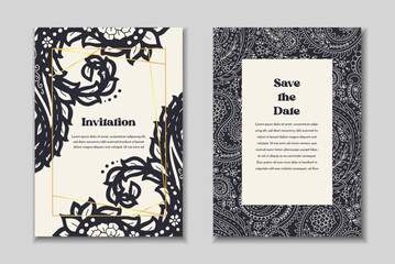 Two greeting cards templates set with paisley motifs. Wedding invitation with oriental decoration. Modern abstract stationary design.