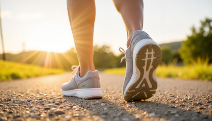 Person walking on gravel path at sunset, embracing fitness journey