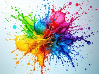 Abstract view of Holi water balloons and splashes of colorful liquid against a neutral background, vibrant and artistic composition with focus on the dynamic motion.