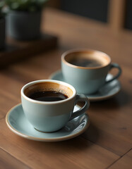 Cups of coffee on wooden table
