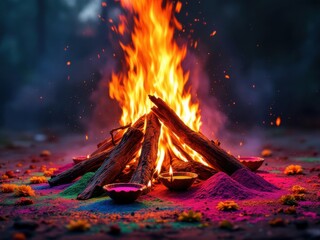 Traditional Holi bonfire with offerings at its base, vibrant colors of Holi powders scattered around, warm firelight and festive ambiance.