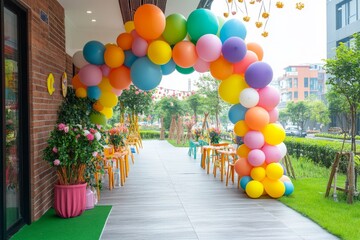Colorful balloon arch in front of an outdoor cafe decorated for a children's party. Celebration and festive event concept.