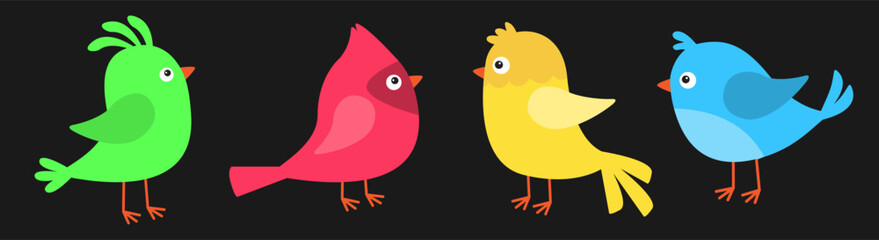 Bird icon set line. Cute kawaii cartoon funny baby character. Different color birds collection. Colorful sticker decoration print. Childish style. Flat design. Isolated. Black background. Vector