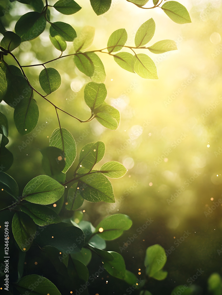 Aufkleber Serene Green Leaves with Sunlight Filtering through and Floating Particles : Generative AI