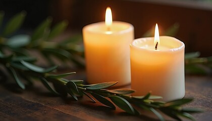 Candles and Leaves Still Life Peaceful Atmosphere