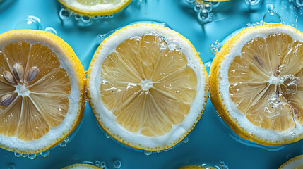 Fresh lemons sliced, showcasing vibrant yellow citrus fruits in sparkling water. bubbles create refreshing and lively atmosphere