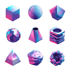 Vibrant 3D Geometric Shapes on Deep Purple Background