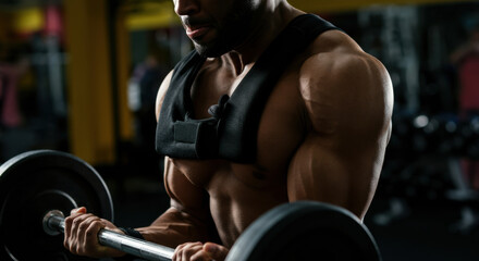 Fototapeta premium Muscular man lifting weights in a gym, showcasing strength and determination
