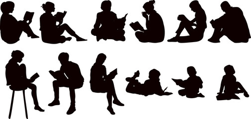 set of people reading books silhouette on white background vector