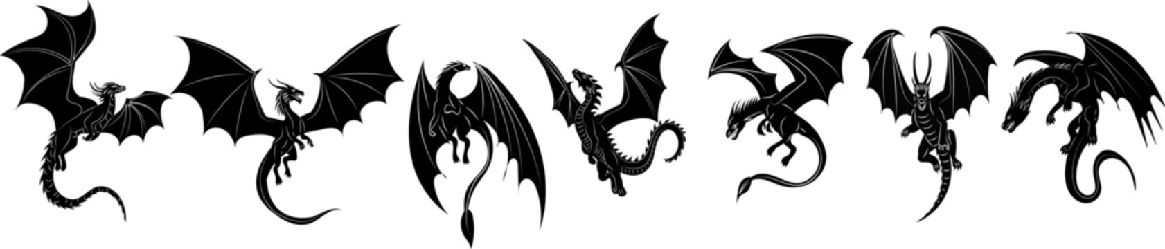 set of dragons silhouette on white background vector