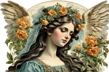 Vintage retro antique angel portrait illustration with colorful botanical flowers on isolated white background, people, culture and religion theme concept texture design.
