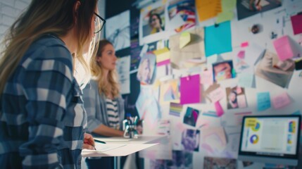 A creative agency brainstorming new advertising campaigns with mood boards, concept sketches, and team discussions in a trendy studio space.