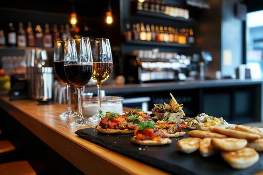 spanish bar with tapas and wine on the table
