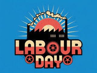 Colorful retro design celebrating labour day with industrial theme and sunrise motif