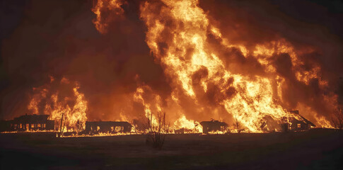 Fototapeta premium Massive fire burning in open field with smoke rising into the sky