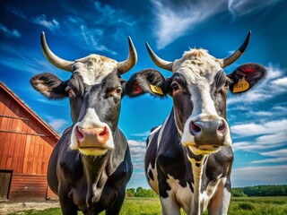Naklejka premium Majestic Horned Cows Gaze, Black & White Barn, Rural Landscape, Blue Sky
