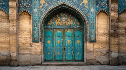 Fototapeta premium Ancient Mosque Entrance with Intricate Blue Tiles and Rustic Brick Walls : Generative AI