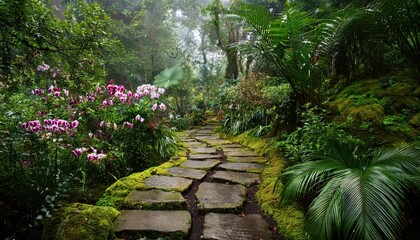 Exploring a vibrant summer pathway through lush greenery and colorful flowers