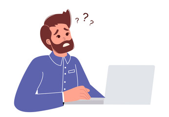 A man  works online while sitting in front of her laptop, staring at the screen, feeling confused and out of ideas.