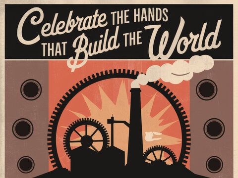 Retro industrial poster with factory scene and motivational text art