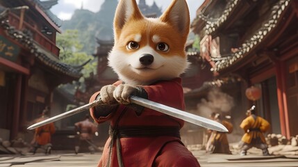 Adorable Corgi Anime Character Wielding Swords in Ancient Chinese City Setting