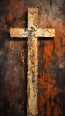 Weathered Wooden Cross on Rustic Brown Background Aged Religious Symbol Grunge Texture