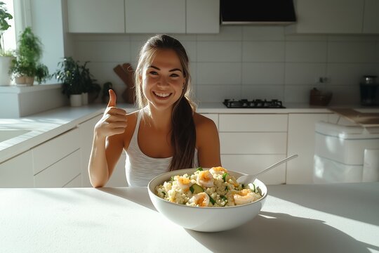Smiling woman gives thumbs up beside bowl of low-carb recipe, promoting weight loss and healthy eating. Concept showcases low-carbohydrate diet for nutritious meal options