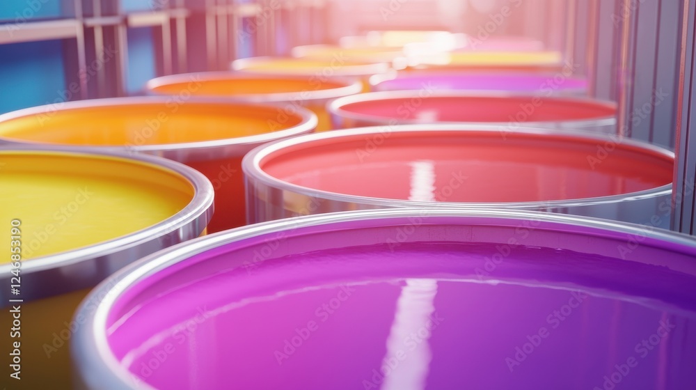 Poster vibrant paint cans arranged in a row, showcasing a variety of colors and reflections in a well-lit e