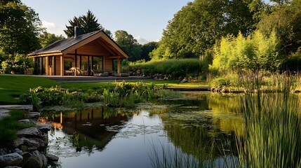 Obraz premium Modern Eco-Friendly Cabin by Tranquil Pond Amid Lush Forest Setting : Generative AI
