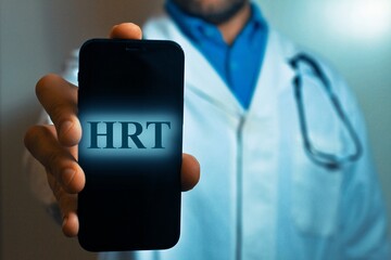 Doctor wearing uniform showing a cellphone screen with the letters 